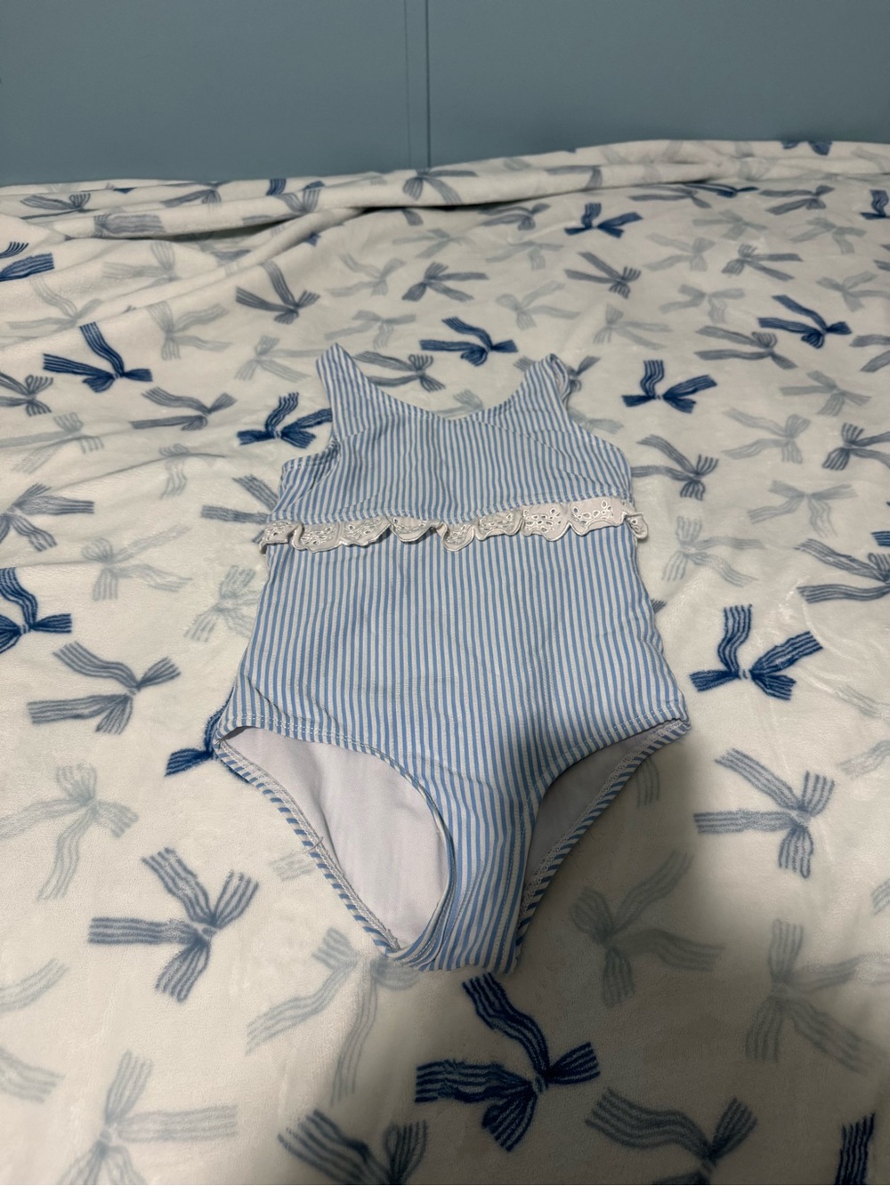 Crown & Ivy Blue and White Striped Kids One-Piece with Eyelet Detail